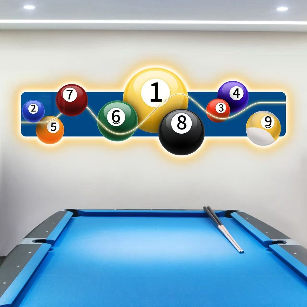 Hall Table Tennis - Billardhallen-Dekorationsgemälde LED-Leuchtendes Tischtennisraum-Gemälde Schwarzer 8-Ball Hintergrund-Wandbild